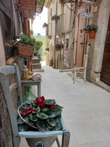an alley with a table and a bowl of vegetables at L'armonica di nonnoSandro in Corfinio