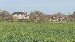 un campo de cultivos verdes con una casa grande en el fondo en Villa Maëlla, 