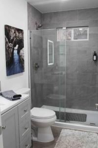y baño con aseo y ducha acristalada. en Private King Suite near Buffalo River, Perfect for 5 en Compton