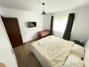 1 dormitorio con cama y ventana en Cabana din Livada, Călimănești en Sălătrucel
