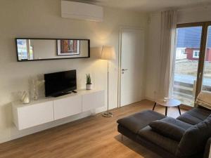 a living room with a couch and a television at Lake idyll Comfortable holiday residence in Repente