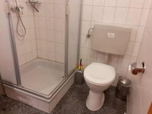 a small bathroom with a toilet and a shower at "Baltrum" Comfortable holiday residence in Hooksiel +16 photos