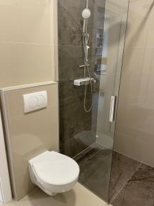 a bathroom with a toilet and a shower at GlamByAJ with free parking and Netflix in Pula