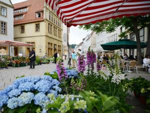 Boardinghouse Bielefeld في بيليفيلد: مجموعة من الزهور على شارع فيه مظلة
