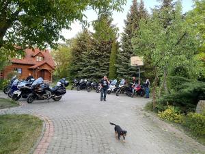 a man and a dog walking down a street with motorcycles at Agroturystyka Pod Podkową in Mrągowo