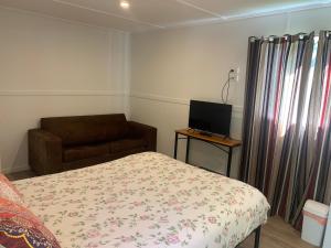 1 dormitorio con cama, sofá y TV en Blue Sapphire Village Pet Friendly, en Glen Innes