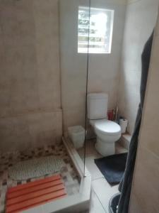 a bathroom with a toilet and a glass shower at Anne's Cottage in Durban