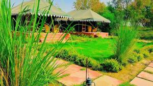 a garden with a large tent in the background at Pritampalace resort in Khilchipur
