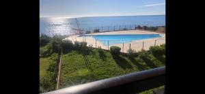 - une vue sur un terrain de volley-ball et l'océan dans l'établissement Appartement n 216 Moriani plage, à Santa-Lucia-di-Moriani