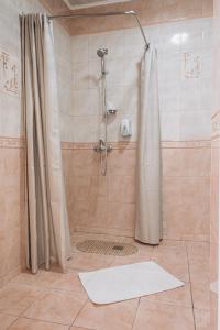 uma casa de banho com chuveiro e cortina de chuveiro em Отель Вышеград em Vyshhorod