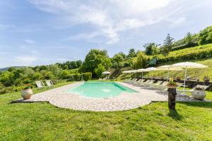 una piscina con sedie e ombrelloni in erba di Podere Marcigliana a Radicondoli