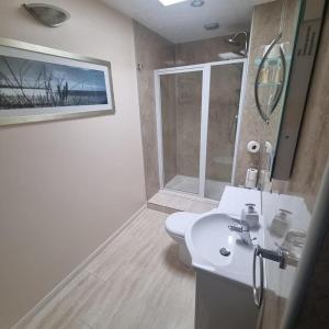 a bathroom with a toilet and a sink and a shower at The Fawley Guest house in Shanklin
