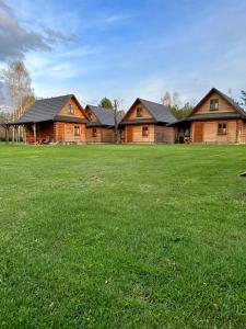 un groupe de maisons dans un champ d'herbe dans l'établissement Domki Letniskowe Roztocze, à Zwierzyniec