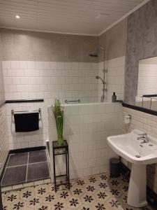 a white bathroom with a sink and a shower at La Scierie in Quillan