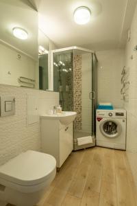 ein Badezimmer mit einem Waschbecken und einer Waschmaschine in der Unterkunft Park apartment in Druskininkai