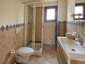 a bathroom with a toilet and a shower and a sink at Emerald Coast Hotel in Olbia