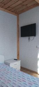 a bedroom with a bed and a tv on the wall at Zem Priedēm in Lapmežciems