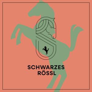 una ilustración de un caballo sosteniendo un escudo en Schwarzes Rössl en St. Wolfgang