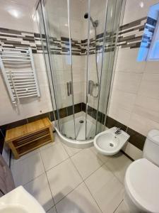 a bathroom with a shower and a toilet and a sink at MEWAEWA Przystań na relaks in Jezierzany