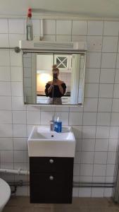 una persona que toma una foto de un lavabo de baño en Minivilla in Gustavsvik Nacka, en Gustavsvik