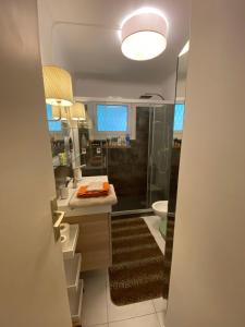La salle de bains est pourvue d'une douche, d'un lavabo et de toilettes. dans l'établissement Le Bleu, à Roquebrune-Cap-Martin