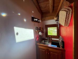 a small kitchen with a sink and a window at Mulino Amore; Il nido tra i monti in Alagna Valsesia
