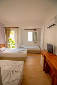 a hotel room with two beds and a television at Celeste Hotel in Fethiye