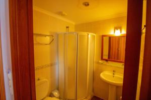 a bathroom with a shower and a toilet and a sink at Celeste Hotel in Fethiye