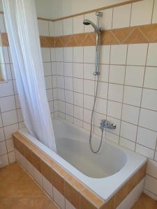 a bath tub with a shower in a tiled bathroom at Landhaus Pension Jany in Bad Tatzmannsdorf