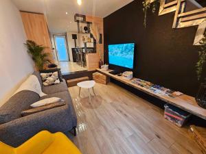 a living room with a couch and a flat screen tv at L'escapade de Saint-Hubert, Belgique in Saint-Hubert