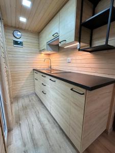 una cocina con armarios de madera y fregadero en Zbrusu nový luxusní Tiny House kousek od Moravského krasu 