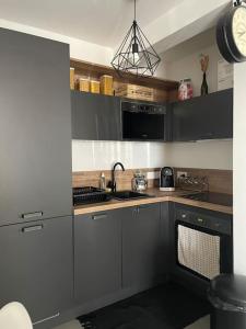 uma cozinha com um lavatório e um fogão forno superior em Appartement T2 avec jardin em Lucciana