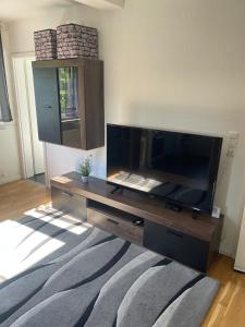a large flat screen tv in a living room at Apartmenthaus am Rennplatz in Bremen