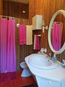 La salle de bains est pourvue de serviettes roses, d'un lavabo et d'un miroir. dans l'établissement La Casa Nel Bosco, à Beverino
