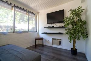 a living room with a flat screen tv and a plant at Chalet confortable avec piscine in Gujan-Mestras