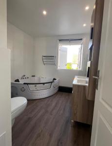 ein Badezimmer mit einer Badewanne, einem WC und einem Waschbecken in der Unterkunft Maison de Caractère à Ballainvilliers in Ballainvilliers