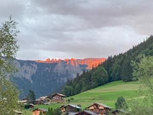 a village in a valley with a mountain in the background at Chalet Yuki in Morzine +33 photos