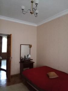 a bedroom with a red bed and a mirror at Квартира в престижном районе Баку in Baku