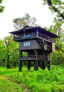 una casa sull'albero, seduta sui tronchi nell'erba di Horizon Homes - Sauraha Chitwan a Sauraha