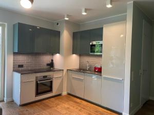 a kitchen with stainless steel appliances and black cabinets at River View Old Town in Gdańsk +11 photos