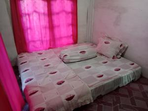 a bed in a room with a pink window at Komodo homestay in Komodo