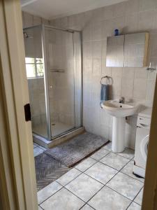 y baño con ducha y lavamanos. en Thandanani Serene place, en Pietermaritzburg