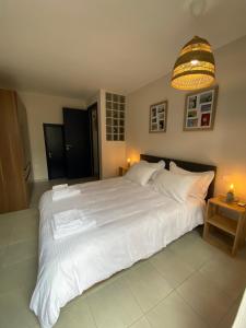a bedroom with a large white bed and a chandelier at Oros Eros 2 in Hydra