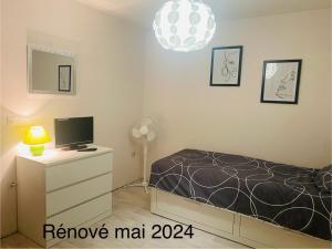 sypialnia z łóżkiem i telewizorem na komodzie w obiekcie La maison au pays de la nature ,6 couchages w mieście Breginj