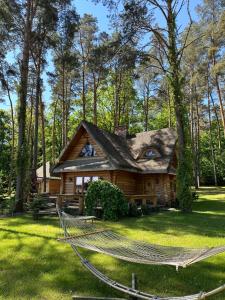 a log house with a hammock in front of it at Cedrowa Villa - Rezydencja nad jeziorem in Ełk