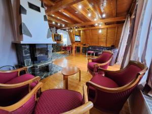 a living room with chairs and a fireplace at Casa Edenland Doftana in Trăisteni
