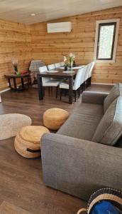 uma sala de estar com um sofá e uma mesa em Kodikas mökki lähellä luontoa Nurmijärven Perttulassa em Nurmijärvi