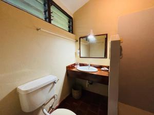 a bathroom with a toilet and a sink and a mirror at Mafía Island Lodge in Utende
