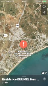 a map with a red circle in the middle at 2 bedrooms apartement at Hammamet 100 m away from the beach with sea view shared pool and balcony in Hammamet