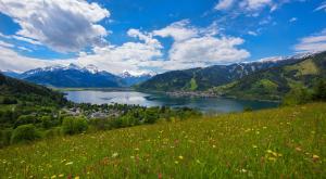 a view of a valley with a lake and mountains at Villa Frieda in Zell am See
